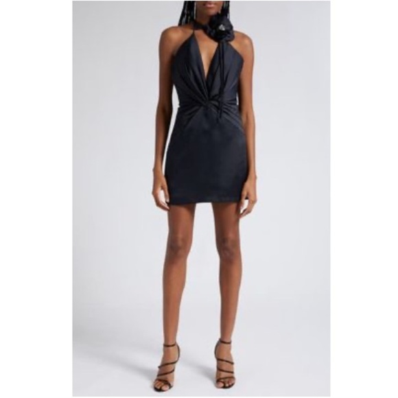 Ramy Brook Evie Flower Halter Satin Minidress in Black Size 2 NWT New - Picture 1 of 16
